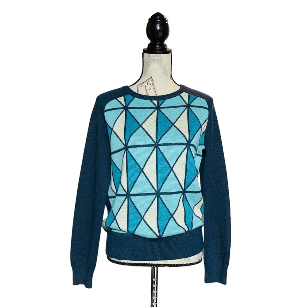 Geometric Pattern Teal Crewneck Sweater - Women